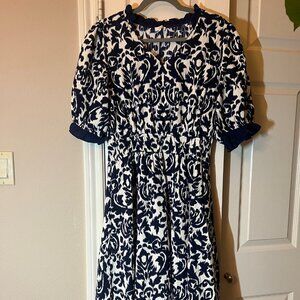 NEW Women's Voy Navy & Cream Ikat Print Dress - Medium